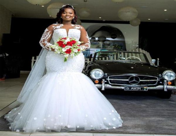 

2021 luxury african mermaid wedding dresses long sleeve appliques lace pearls beads flowers 3d floral bridal gowns v de novia1966817, White