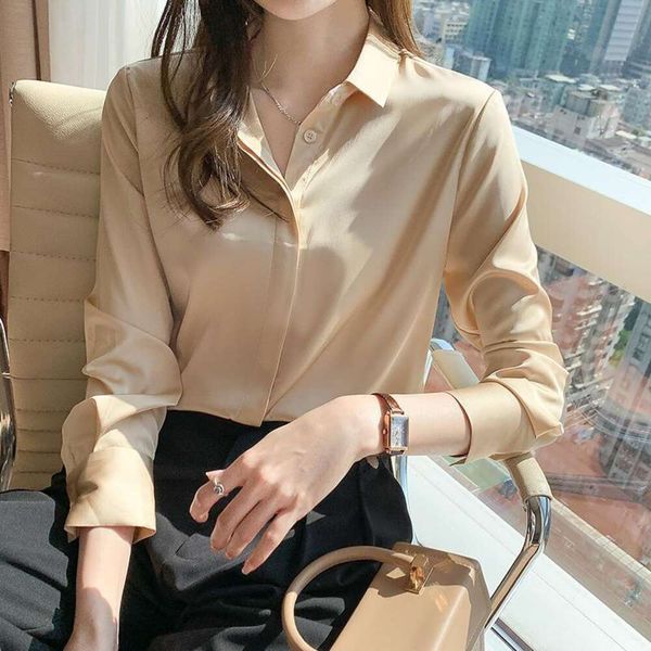 

color satin long sleeved shirt for women autumn design niche light mature hong kong style chiffon, White
