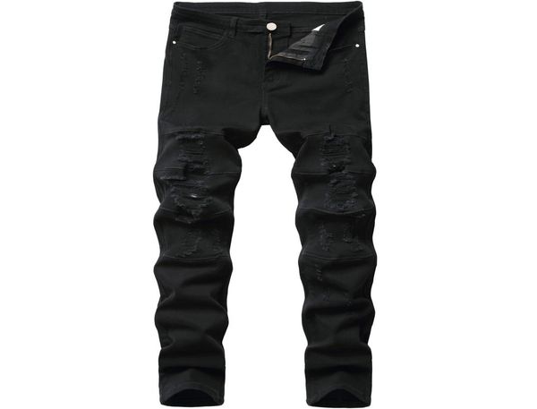 

mens black fashion jeans ripped denim pants skinny pencil holes broken biker plain solid4691151, Blue