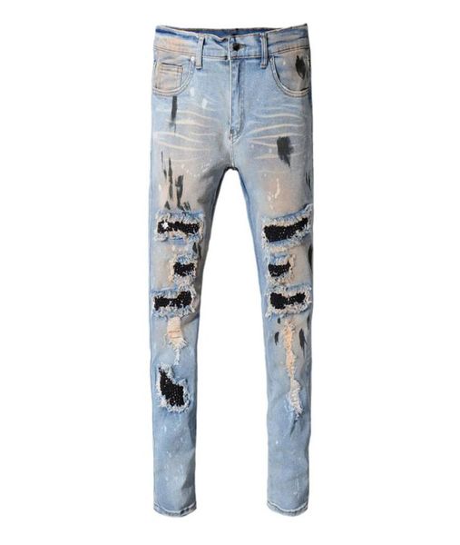 

men039s jeans fashion streetwear men retro blue paint destroyed ripped punk pants patchwork designer hip hop homme3077115