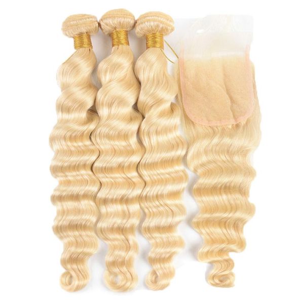 

loose deep wave 613 blonde remy human hair weave bundles with 4x4 lace closure 4546453, Black;brown
