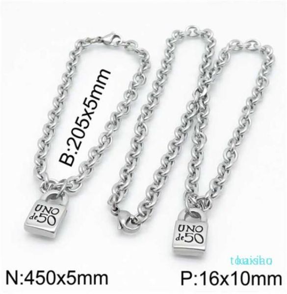 

fashion women men silver color gold stainless steel round lock key heart uno de 50 ball bead bracelet necklace jewelry sets2461944
