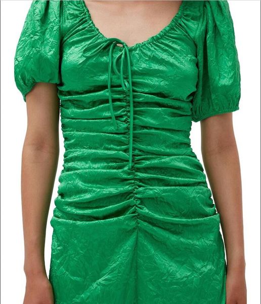 

23 summer new g-an-l green u-neck bubble sleeve slim fit pleated silk satin dress women's dress, Black;gray