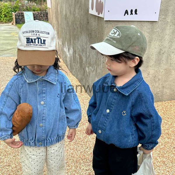 

jackets spring kids denim jackets cartoon embroidery boys and girls lapel loose coats x0811, Blue;gray
