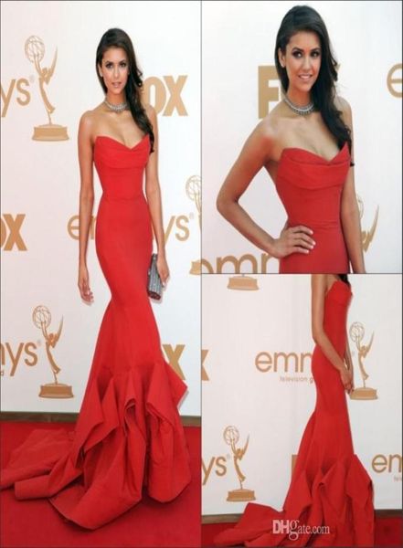 

2019 new emmy awards celebrity dresses with strapless ruffles backless mermaid sweep train satin red nina dobrev evening prom part2473142, Black;red