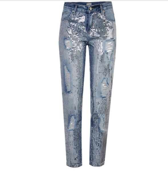 

winter ladies mom high waist vintage jeans woman denim sequins boyfriend jeans female ripped for women trousers6136977, Blue