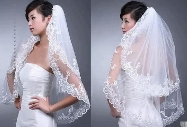 

2019 new style in stock elegant two layers short lace wedding veils tulle white ivory 9450124, Black