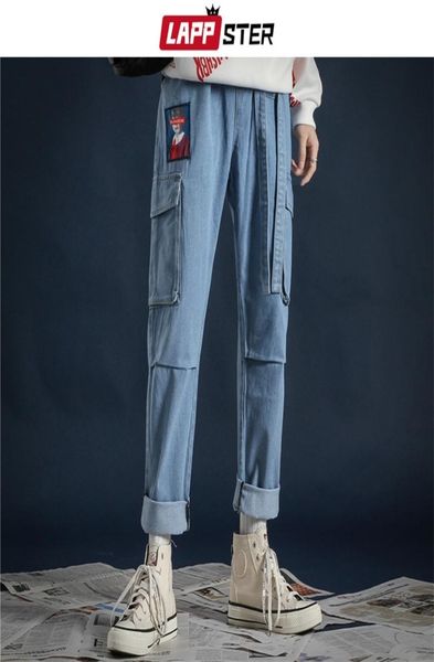 

lappster korean fashoins streetwear jeans pants 2020 ribbons harajuku baggy jeans couple pockets denim blue pants cx25111041