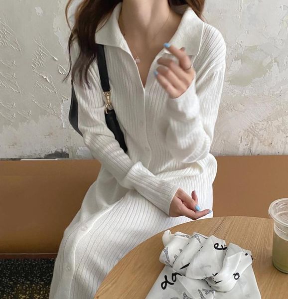 

casual dresses women 2022 korean fashion simple and versatile solid lapel loose knit singlebreasted sweater dress long vestidos6325022, Black;gray