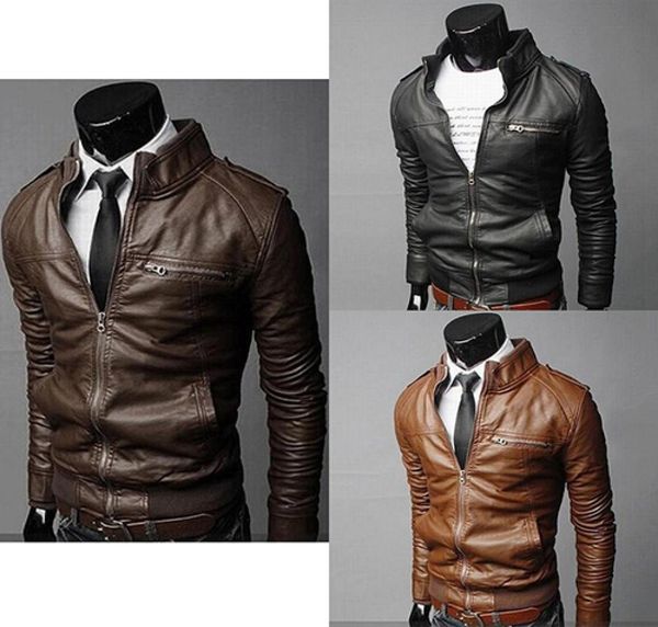 

men winter fashion cool zipper pocket faux leather bomber jacket coat outerwear9636615, Black;brown