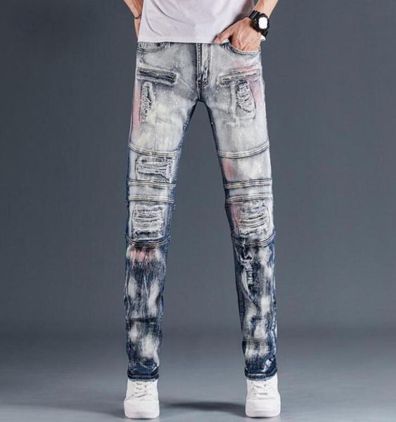 

design pants men women t shirts panther print army green destroyed mens slim denim straight biker skinny jeans men8830905, Blue