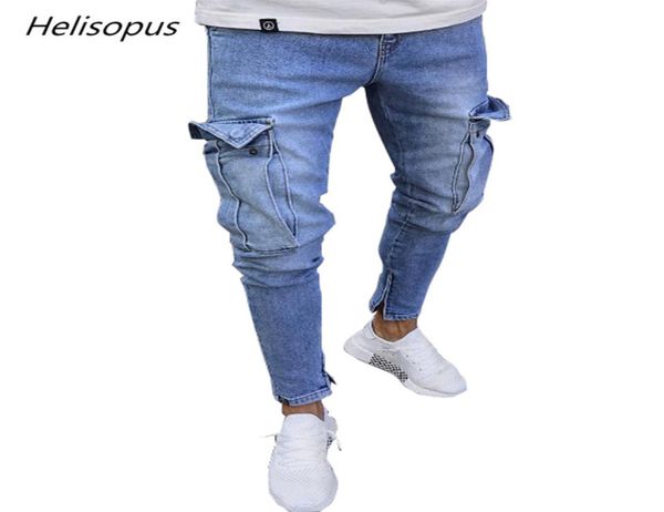 

helisopus fashion men jeans tactical cargo pants multi pockets pencil pants straight zipper cut denim trousers6215168, Blue