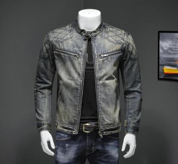 

men039s blue denim vintage classic biker motorcycle jacket stand collar retro slim fit distressed racer jeans coat drop shippin1131103906, Black;brown
