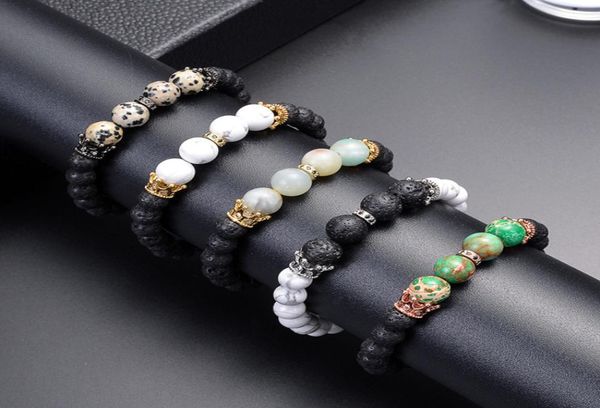 

natural white turquoise lava volcanic stone couple bracelet copper crown microinlay zircon beaded bracelet jewelry accessories wh6269970, Black