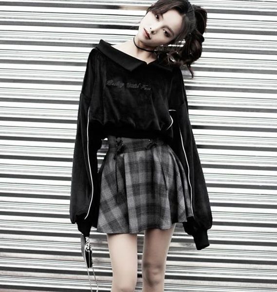 

women039s sets gothic letter embroidery velvet sweatshirt high waist bandage gray plaid mini skirt girls female set outwear6312248, White