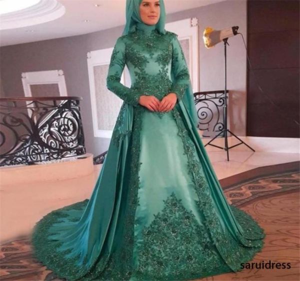 

full lace appliques long sleeves tulle aline party gowns glamorous formal prom dresses muslim green evening dresses vestido de no5652771, Black