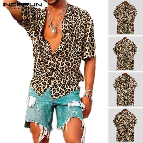 

summer short sleeve leopard print shirt men lapel neck loose button up blouse breathable streetwear shirts men incerun 2020256k, White;black