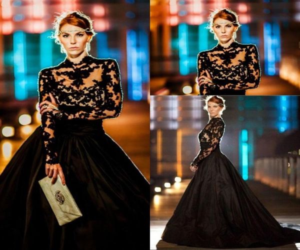 

gorgeous evening dresses high neck long sleeves lace taffeta ball gown prom dresses modest black celebrity dress sweep train6701029, Black;red