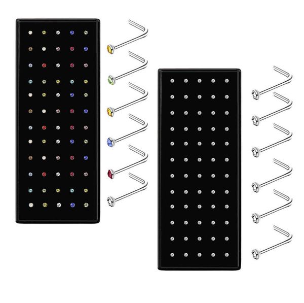 

60pcsset nose piercing 18mm stainless steel nose studs crystals lshape ear piercing tragus cartilage pin body jewelry9101201, Silver