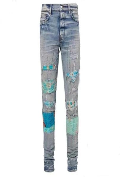 

men039s jeans highquality quilted applique detail slim0122615929, Blue