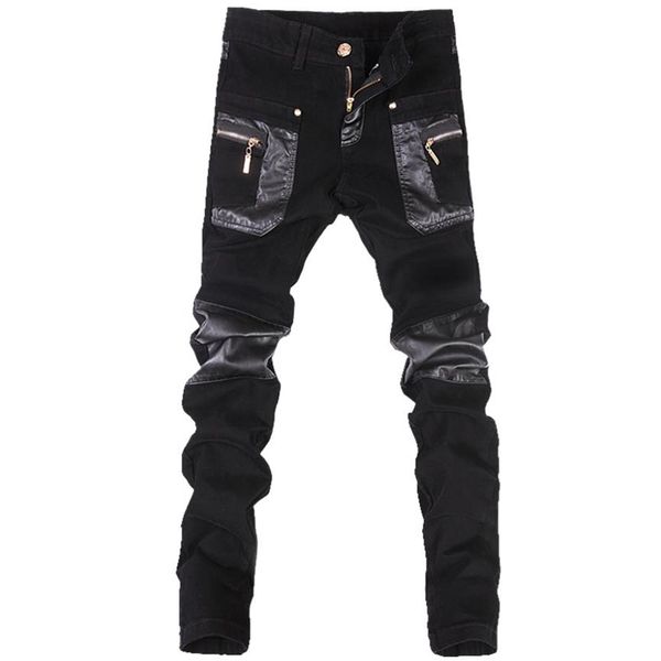 

whole- korean style cool fashion mens punk pants with leather zippers black color tight skenny plus size 33 34 36 rock trouser276c