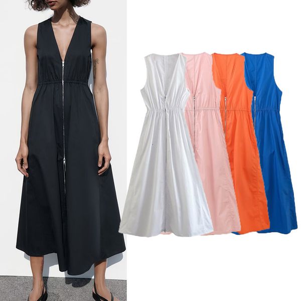 

basic casual dresses long for women 2023 summer dress woman sleeveless front zipper party 230810, Black;gray
