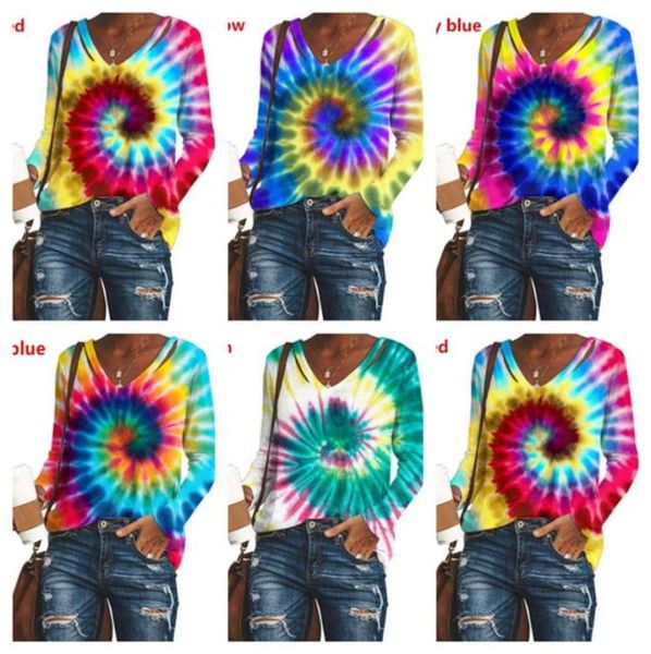 

women designer clothes fashion tiedye printed longsleeved vneck sweatershirt pullover blouse tshirt autumn winter 5 color9973874, White