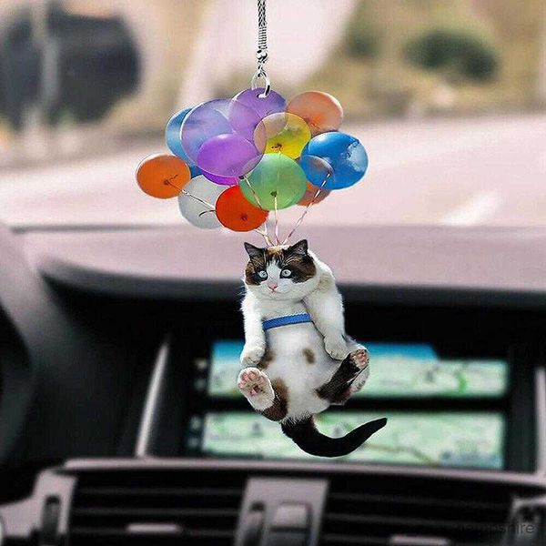 

decorations home rear view mirror flying cat pet hanging ornament with colorful balloon car interior pendant figurines decoration crafts r23