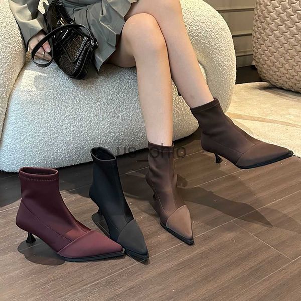 

boots silk women ankle boots pointed toe stretch sock booties pointed toe autumn winter short boots woman thin high heels black brown j23081