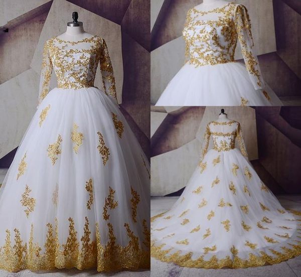 

white gold wedding dresses 2021 long sleeve muslim arabic bridal gown lace tulle oneck luxury plus size wedding dresses8400850