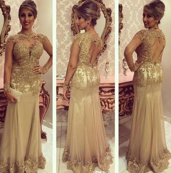 

gold mermaid mother of the bridal dresses illusion beading jewl neck open back prom dress long sleeve lace applique formal evening1302925, Black;red