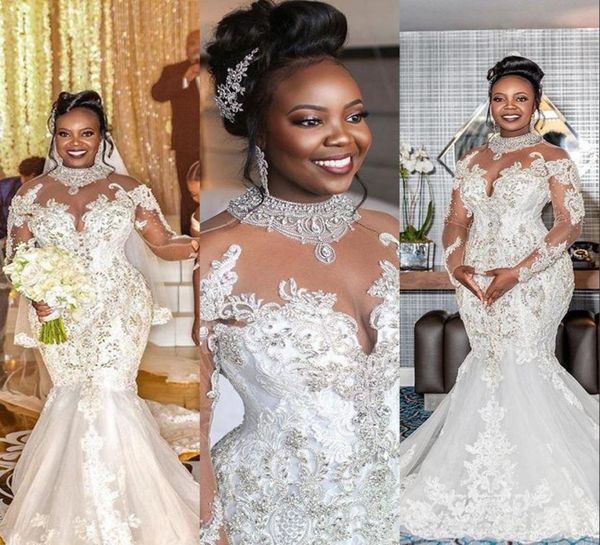 

2021 new crystal mermaid wedding dresses high neck sheer long sleeves lace crystal beaded bridal wedding gowns elegant robe d2094435, White