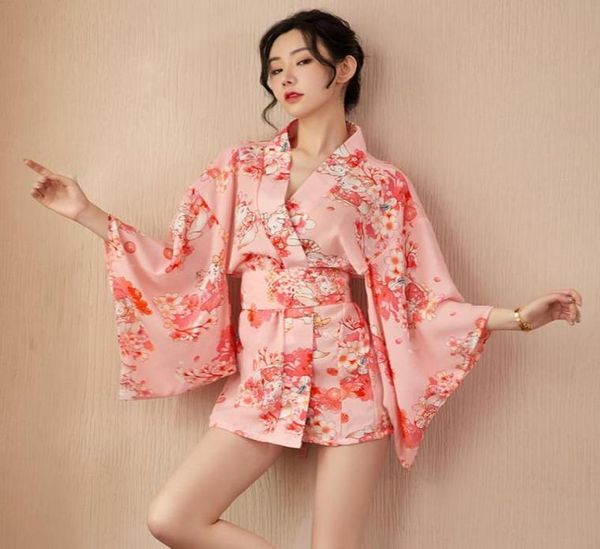 

ethnic clothing women kimono japanese cherry blossom print chiffon waist pink loose comfortable girl bathrobe home pajamas kawaii 2066272, Red