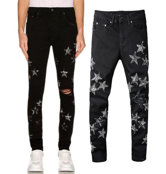 

stars patches denim jeans man plus size 40 slim fit damaged whiskering wash36227776481900, Blue