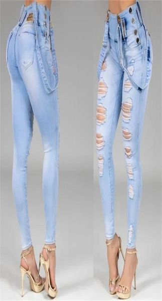 

women jeans high waisted straight skinny stretchy pant streetwear ladies hole washed bandage denim pencil pants trousers 2204237517043, Blue