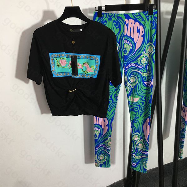 

fashion print women shirt leggings short sleeved t shirts slim fit pants tees trousers set, Gray