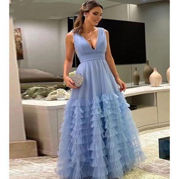 

blue evening dresses v-neck tiered pleat cake a-line backless floor-length tulle vestido de noche, Black;red
