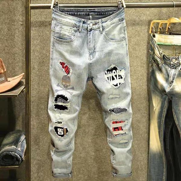 

hip-hop high street fashion mens jeans 2021 retro torn fold stitching designer motorcycle riding slim pants203r, Blue