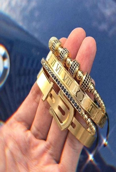 

4pcsset men titanium steel roman numeral bracelet horseshoe buckle bangles pulseira bileklik luxury handmade jewelry cx200724945385860751, Golden;silver
