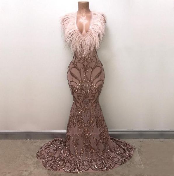 

sparkly feathers mermaid prom dresses deep vneck sequin lace appliques mermaid evening gowns african dubai vestidos de fiesta7394951, Black