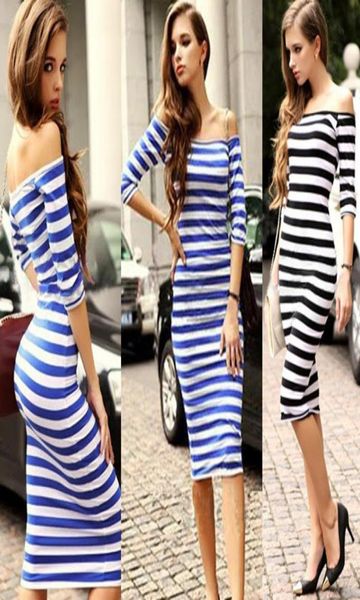 

5 colors women summer dress lady half sleeve off shoulder stripe stretch bodycon party drs cotton blends1106085, Black;gray