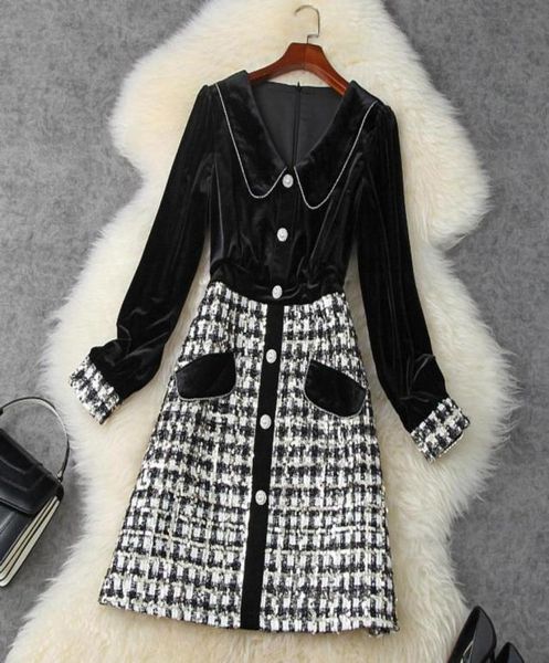 

casual drs runway fashion autumn winter beading velvet patchwork tweed woolen dress women long sleeve vintage vestidos party r4423805, Black;gray
