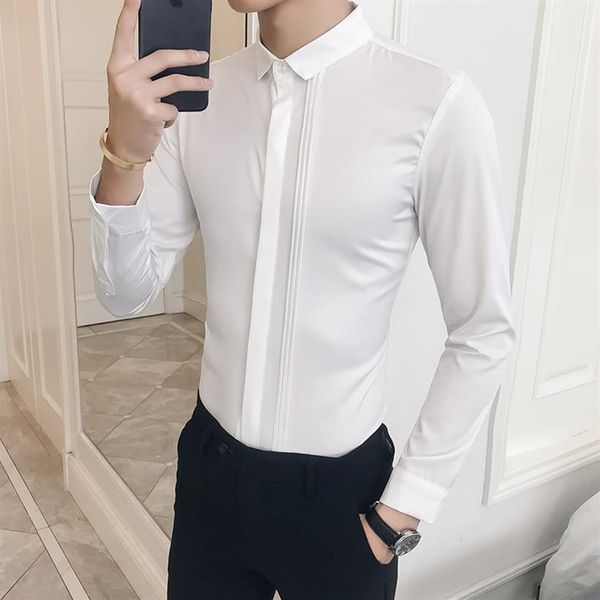 

korean tuxedo fashion 2018 autumn slim fit shirt men solid all match gentlemen long sleeve male shirt plus size blouses2343, White;black