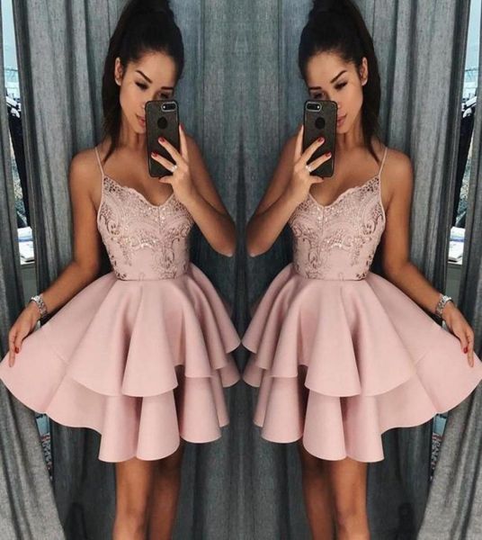 

2019 dusty pink spaghetti short homecoming dresses backless lace appliqued cocktail party gown mini prom evening dresses5943649, Blue;pink