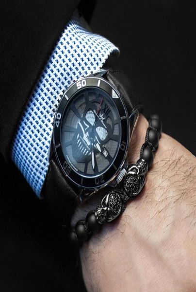

braceletsbangle men bracelet black matte stone beaded bracelet double skeleton skull micro pave cz punk rock jewelry7245766, Golden;silver