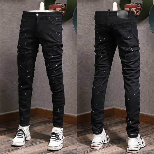 

painted damage jeans man distressed patches skinny fit black vintage biker fit denim228z, Blue