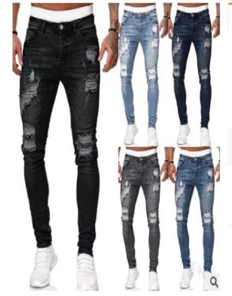 

mens new 5 colors ripped jeans fashion slim denim pencil pants street hipster cowboy trousers s3xl drop7170998, Blue