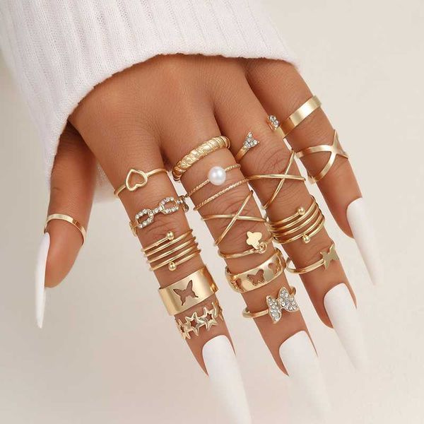 

punk butterfly love heart rings for women metal gold color geometric set 18/24pcs vintage trendy party jewelry 2023 new, Silver