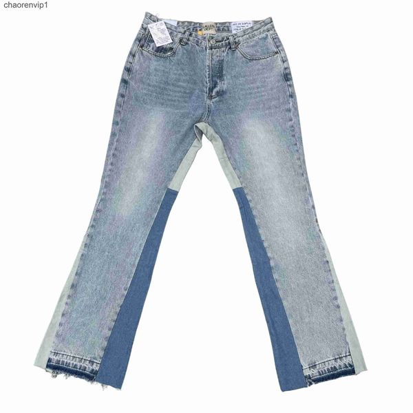 

clothing denim pants gall eryes depts. la vintage stitched loose flare jeans men distressed ripped motocycle biker hip hop trousers, Blue