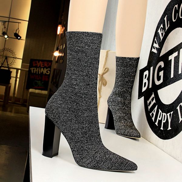 

boots pointed toe stretch knitting sock boot fashion high heel shoes elastic ankle winter ladies 230810, Black